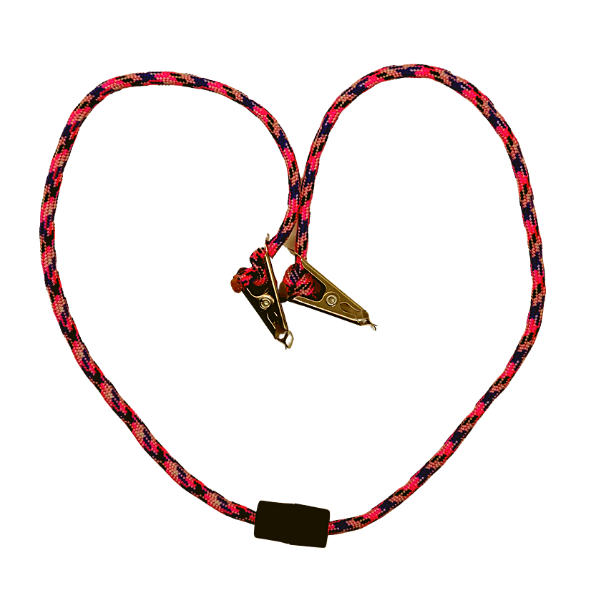 Image showing cotton candy mask lanyard. Cotton candy colors are pink, purple and white argyle pattern
