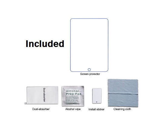Image showing what is included with purchase. Screen protector, Dust absorber, Alcohol wipe, Install sticker and cleaning cloth.