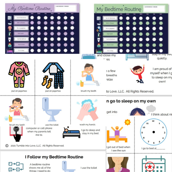 Sleep Social Stories, Reward Chart & Customizable Picture Schedule sample images. Shows bedtime routine sample charts and picture schedules