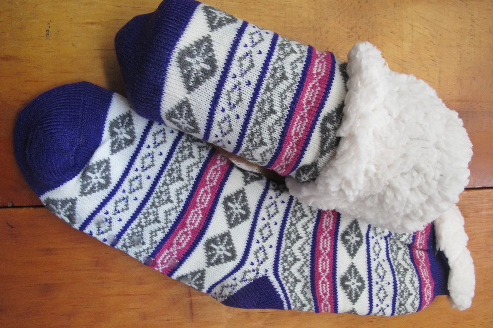 Sherpa-Lined Cabin Socks.  Purple, pink, grey and white snowflake/faireisle design 