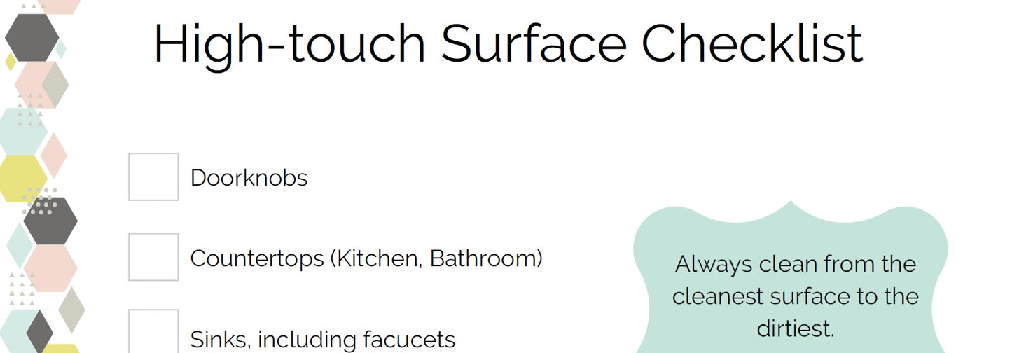 Sample page - partial image of the High-touch Surface Checklist.  Doorknobs, countertops (kitchen, bathroom) and Sinks.  Always clean from the cleanest surface to the dirtiest.