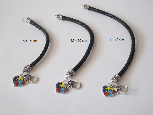 Embrace Difference- Awareness Bracelet - Tumble into Love.  Images showing 3 open bracelets in 3 different  sizes, Small or 15 centimeters; Medium or 20 centimeters; Large showing 24 centimeters