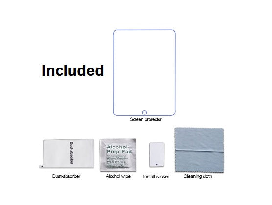 Image showing what is included with purchase.  Screen protector, Dust absorber, Alcohol wipe, Install sticker and cleaning cloth.