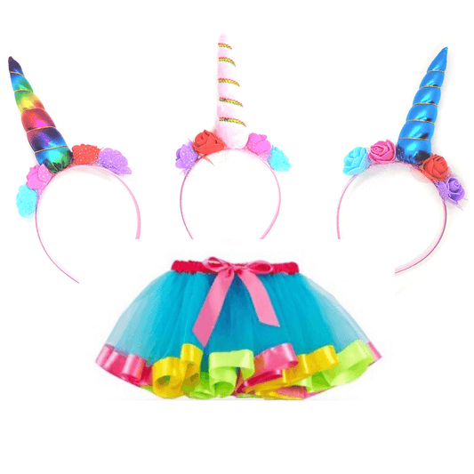 Image showing the rainbow tutu which is aqua blue with pink ribbon at the top, and multi colored ribbon at the bottom, including pink, yellow, and green.  Image also shows 3 plush unicorn horn headbands.  Rainbow, pink/gold and shiny blue.