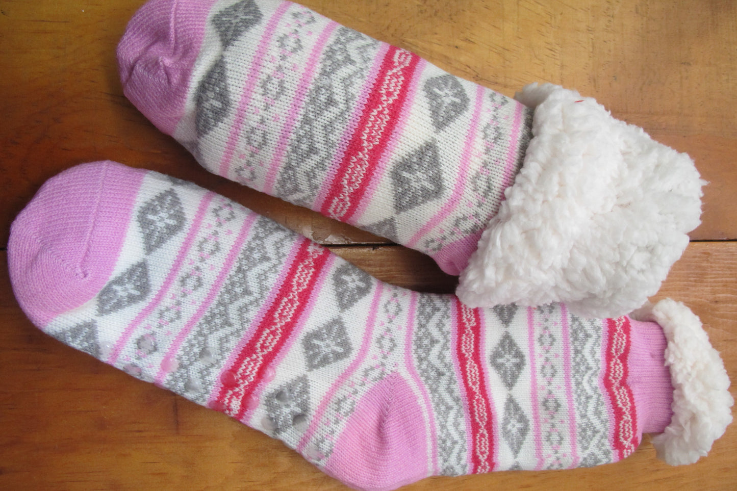 Sherpa-Lined Cabin Socks - Pink and Grey snowflake/ faireisle design