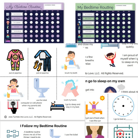 Sleep Social Stories, Reward Chart & Customizable Picture Schedule sample images.  Shows bedtime routine sample charts and picture schedules