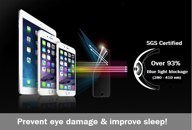 Image showing that the screen protector is SGS Certified, and that over 93% of blue light is blocked.  (280-410nm)